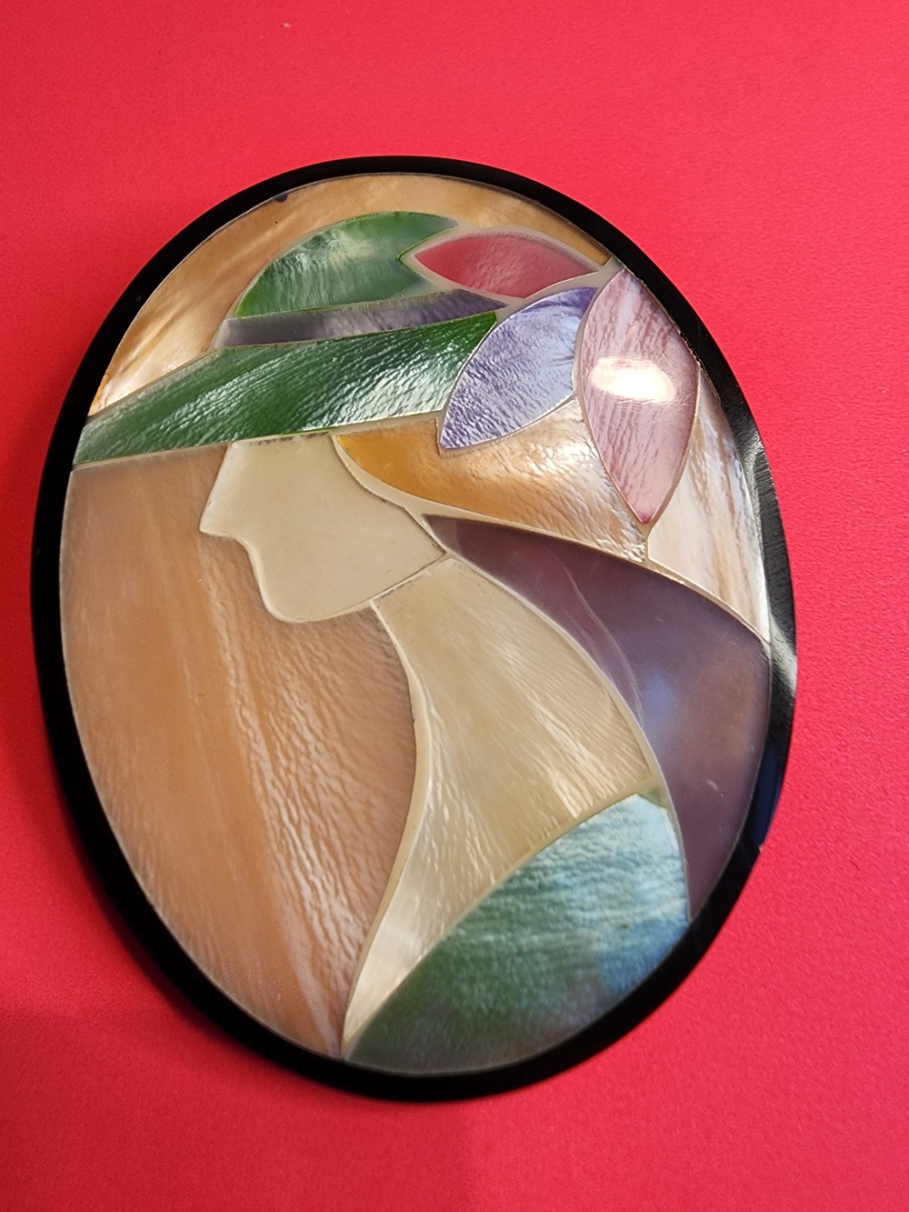 Vintage Artisan Mother Of Pearl Woman Portrait Brooch Multicolor